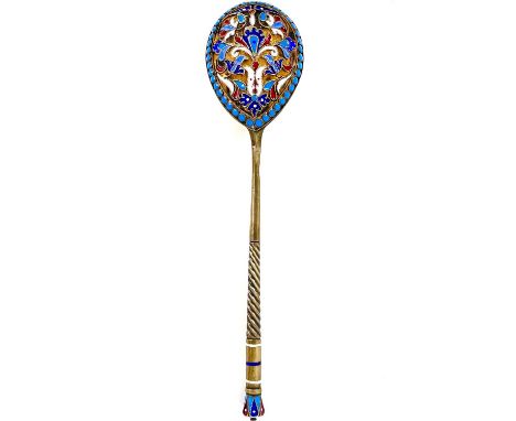 An Imperial Russian silver gilt and enamel spoon. Work master HA, 84 zolotnik mark, length 13cm, 21.8g.Some light scratches t