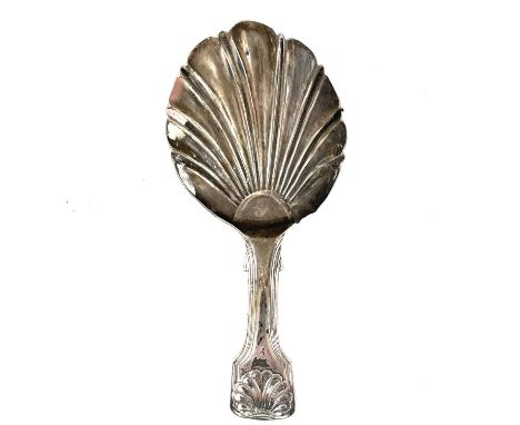 A George III silver caddy spoon by George Knight. Of fiddle and shell pattern with a scallop shell bowl, London 1818, length 
