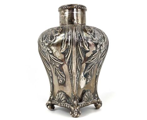 A good Victorian silver tea caddy by Deykin &amp; Harrison. Of baluster form with scallop shell and foliate scroll embossed d