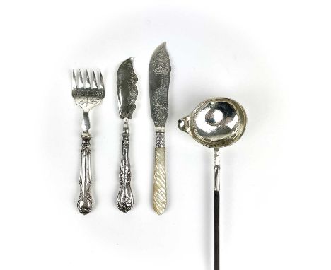 A continental silver toddy ladle with twisted baleen handle. Together with a Victorian fish knife with silver blade and mothe