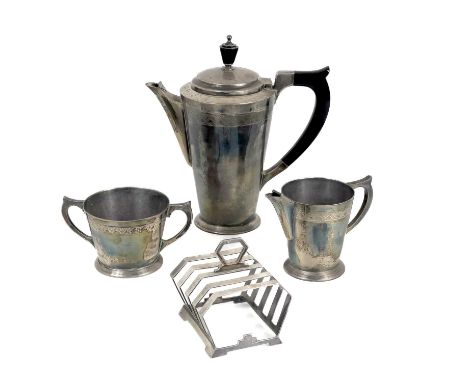 A stylish Art Deco silver four piece breakfast set by Mappin &amp; Webb. Comprising a coffee pot, twin handled sugar bowl, cr