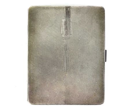 A George VI silver cigarette case. With Art Deco engine turned decoration, monogrammed and with interior dedication, Birmingh