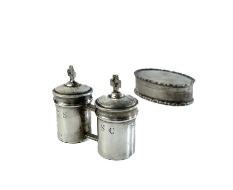 A Continental white metal Chrismatorium. Width 7.5cm; together with an Edwardian silver oval hinge lidded snuff box, Birmingh