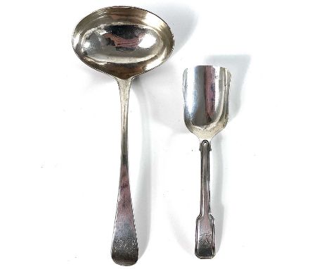 A George IV silver stilton scoop by Francis Clark. Fiddle thread pattern, Birmingham 1827; together with a George III sauce l