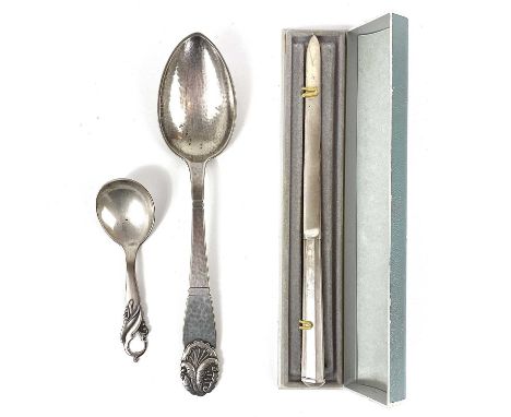 A Danish silver table spoon by Johannes Siggaard. Assay mark Copenhagen, length 21.5cm; together with a Danish silver caddy s