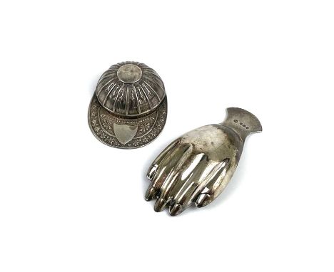 Two modern silver George III style caddy spoons, both by Francis Howard Ltd. One in the form of a jockey cap, the other a han