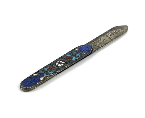 An Imperial Russian silver and enamel bookmark.  The work master mark possibly for Grigory Pankratym, foliate enamel decorate