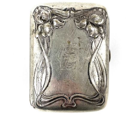 An early 20th century Art Nouveau continental 830 silver cigarette case. The lid embossed with stylised flowers, width 9cm, 1