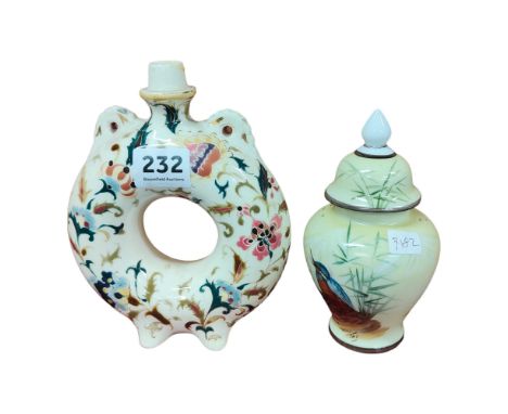 HAND PAINTED LIDDED URN AND UNUSUAL CERAMIC FLASK