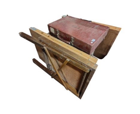 ANTIQUE TRUNK, 3 FOLDING TABLES AND SUITCASE