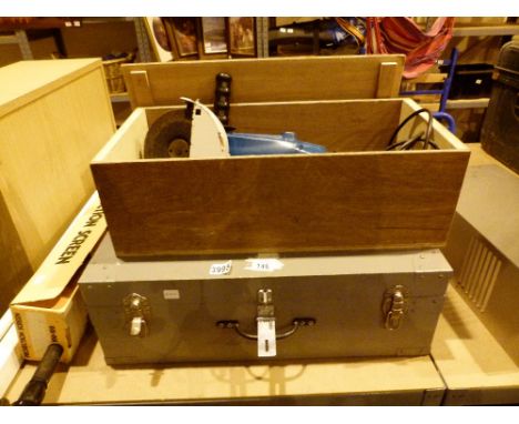 Black and Decker 7 inch angle grinder and a wooden joiners toolbox