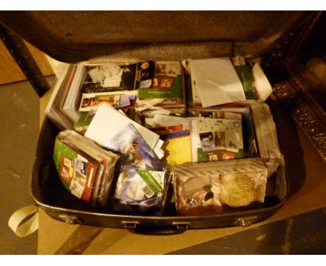 Vintage suitcase containing packets of unused Christmas cards etc.