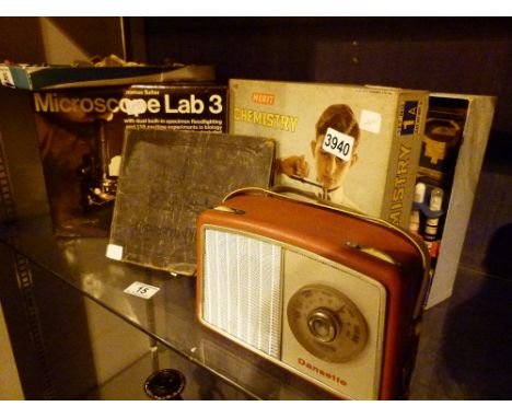 Vintage album with part contents of Wills Cigarette cards and collection of postcards and a chemistry set