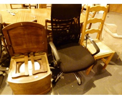 Mixed lot of chairs including office chairs and a vintage wooden camode