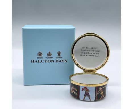This small limited edition enamel box features an English flag and images of men competing in ancient and modern day sports w