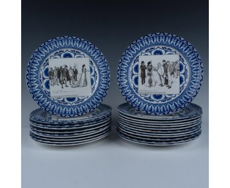 Designed on royal blue and white porcelain the plates were made picturing scenes from the book A Widow and Her Friends by Cha