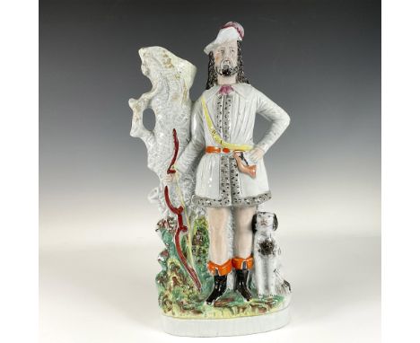 Hand painted and hand decorated flat back pearlware spill vase, featuring of a man in classic attire with a dog and a hallow 