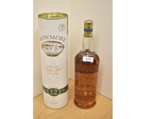 A bottle of pre 2007 Bowmore 12 Year Old Islay Single Malt Scotch Whisky, 43% vol, 1 Litre, in original tube