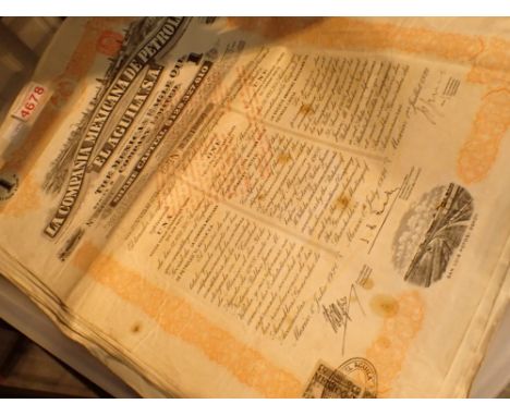 Various 1920s share certificates for the Mexican Eagle Oil Company  CONDITION REPORT: Approximately 30 certificates for one s