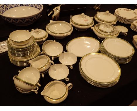 Large quantity of ceramic dinnerware green and gold bands to rim eight place settings three tureens plated soup etc and mixed