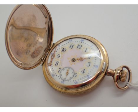 Unmarked yellow metal fancy full hunter fob watch case D: 5.5 cm A/F CONDITION REPORT: This item is working at lotting. Minut