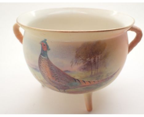 Royal Worcester three footed Pheasants bowl signed H Wall D: 12 cm