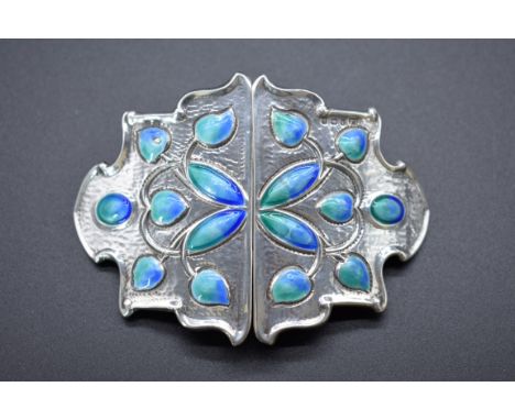 A good Arts &amp; Crafts silver and enamel buckle, by Lawrence Emanuel, Birmingham 1907, 8.8cm wide. 