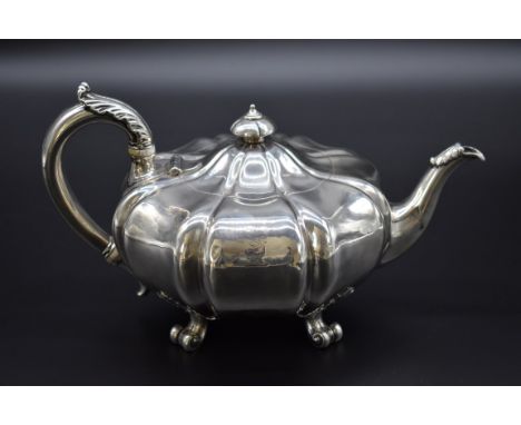 A Victorian silver melon teapot,&nbsp;by John Mortimer &amp; John Samuel Hunt,&nbsp;London 1841, 800g all in. 