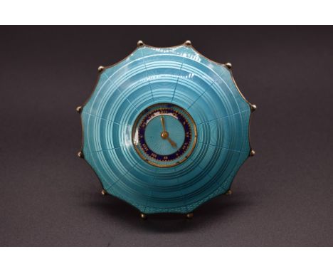 An early 20th century Swiss .935 silver and blue guilloche enamel novelty umbrella timepiece, stamped 'Depose 2159, SH', 9cm.