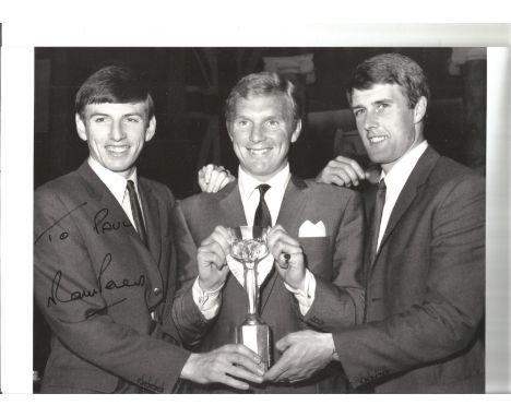 Football Martin Peters signed 10x8 black and white photo pictured with 1966 World Cup and West Ham team mates Bobby Moore and