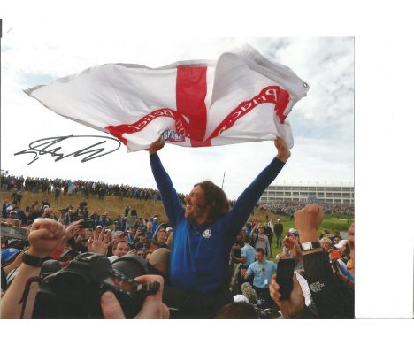 Golf Tommy Fleetwood 10x8 signed colour photo pictured celebrating after Europe's victory in the 2018 Ryder Cup. Good Conditi