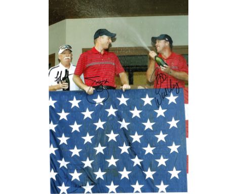 Golf Jim Furyk, Boo Weekley and Fluff Cowan signed 16x12 colour photo pictured celebrating after USA victory in the Ryder Cup