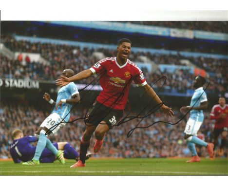 Football Marcus Rashford 12x8 signed colour photo pictured after scoring for Manchester United in the Manchester derby. Marcu