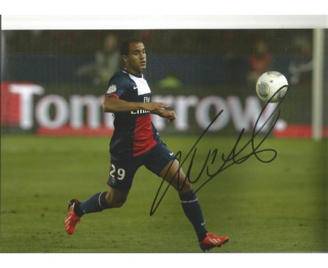 Football Lucas Moura 12x8 signed colour photo pictured in action for Paris St Germain. Lucas Rodrigues Moura da Silva (born 1