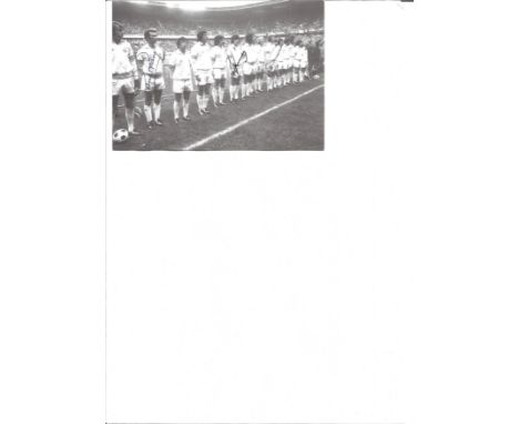 Leeds United 1975 European Cup Final postcard signed by legends Paul Reaney, Peter Lorimer and Trevor Cherry. Good Condition.