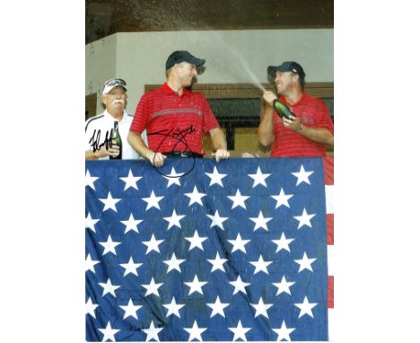 Golf Jim Furyk and Fluff Cowan signed 16x12 colour photo pictured celebrating after USA victory in the Ryder Cup. Good Condit