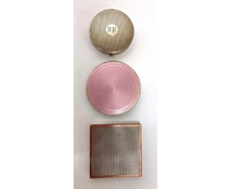 Three Silver and Enamel Hinged Compacts, including a silver square compact with gold edge by Deakin &amp; Francis, Birmingham
