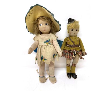 Early 20th Century Steiff Felt Scottish Soldier Doll, with centre seam to face, blond hair, felt ears (no Steiff tag), wearin