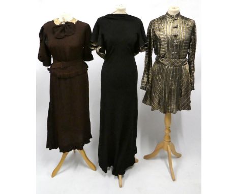 Circa 1930s Evening Wear, including a Stagg &amp; Russell London black chiffon short sleeved dress, printed with floral sprig