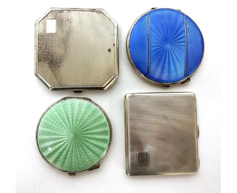 Four Silver and Enamel Mounted Hinged Compacts, including an engine turned compact by Dudley Russell Howitt, Birmingham 1936,