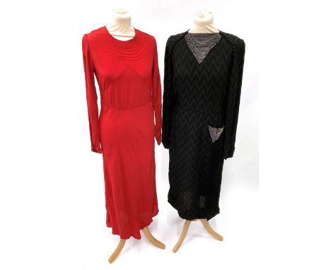 A Circa 1920s Wisco Model Black Wool Dress, woven with chevrons/zig zags overall, long sleeves with diamante detail to the ne