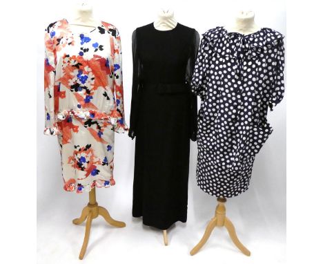 Assorted Late 20th Century Ladies' Costume, including a Tricosa black long sleeved jersey dress, with fabric tie to the notch