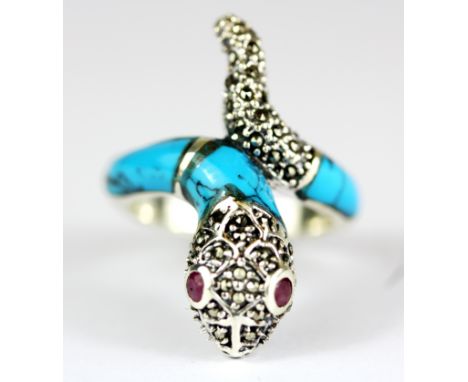 A 925 silver and marcasite snake shaped ring set with turquoise and ruby set eyes, L. 3cm, (R). Condition : excellent conditi