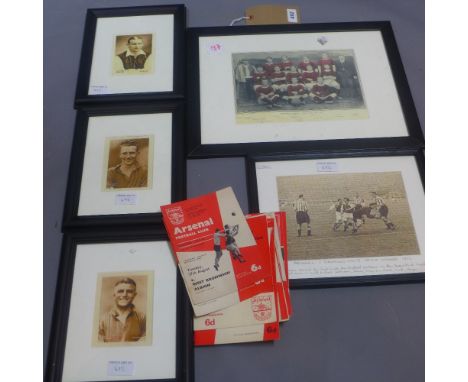 A collection of Arsenal memorabilia including pictures of Woolwich Arsenal, Arsenal FA Cup winners 1936 and 1960's programmes
