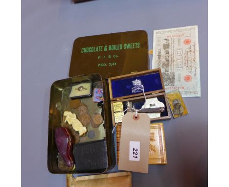 A collection of items including coins, a 1910 German 1000 mark note, a meerschaum pipe, a Wilkinson Sword razor an ivory figu