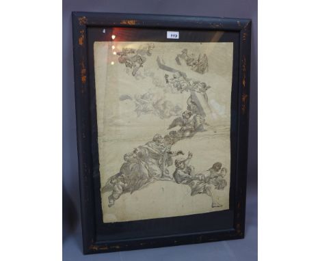 Follower of Francois Boucher, large old master drawing, study of angels around the cross announcing Jesus, H 78 x W 58cm 