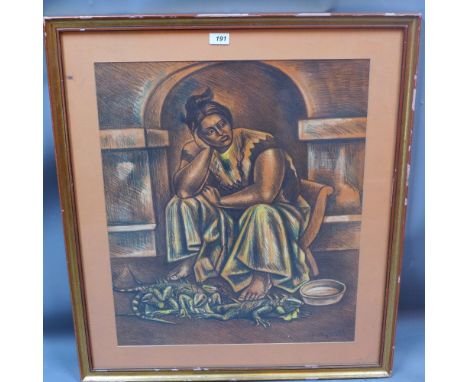 B.F.K Rives, a lithograph depicting a seated lady with a lizard at her feet, in a gilt frame H 82 x W 73cm 