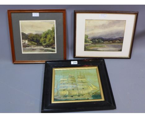 An oil on canvas laid to board of a clipper, in an ebonised frame H 32 x W 37 together with a welsh watercolour landscape 'R 
