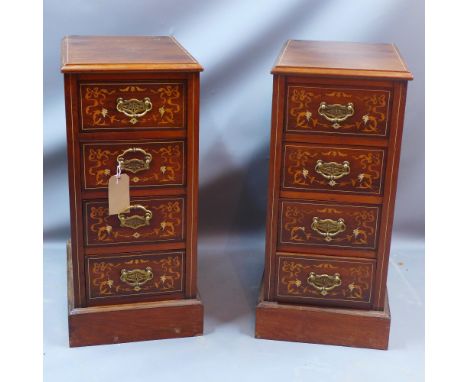 A pair of 20th century mahogany bedside chests with four drawers having satinwood inlay raised on square step base, H 84 x W 