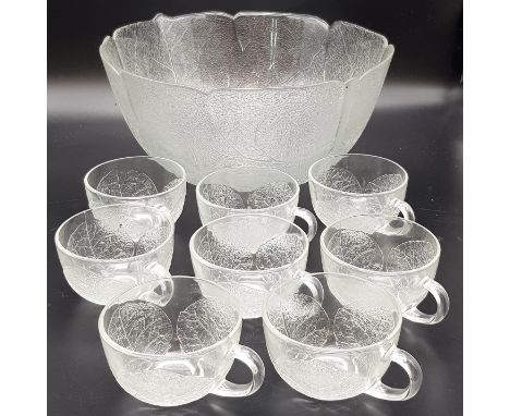 A Vintage French Arcoroc Punch Bowl set with 8 Glasses. 31cm diameter. 